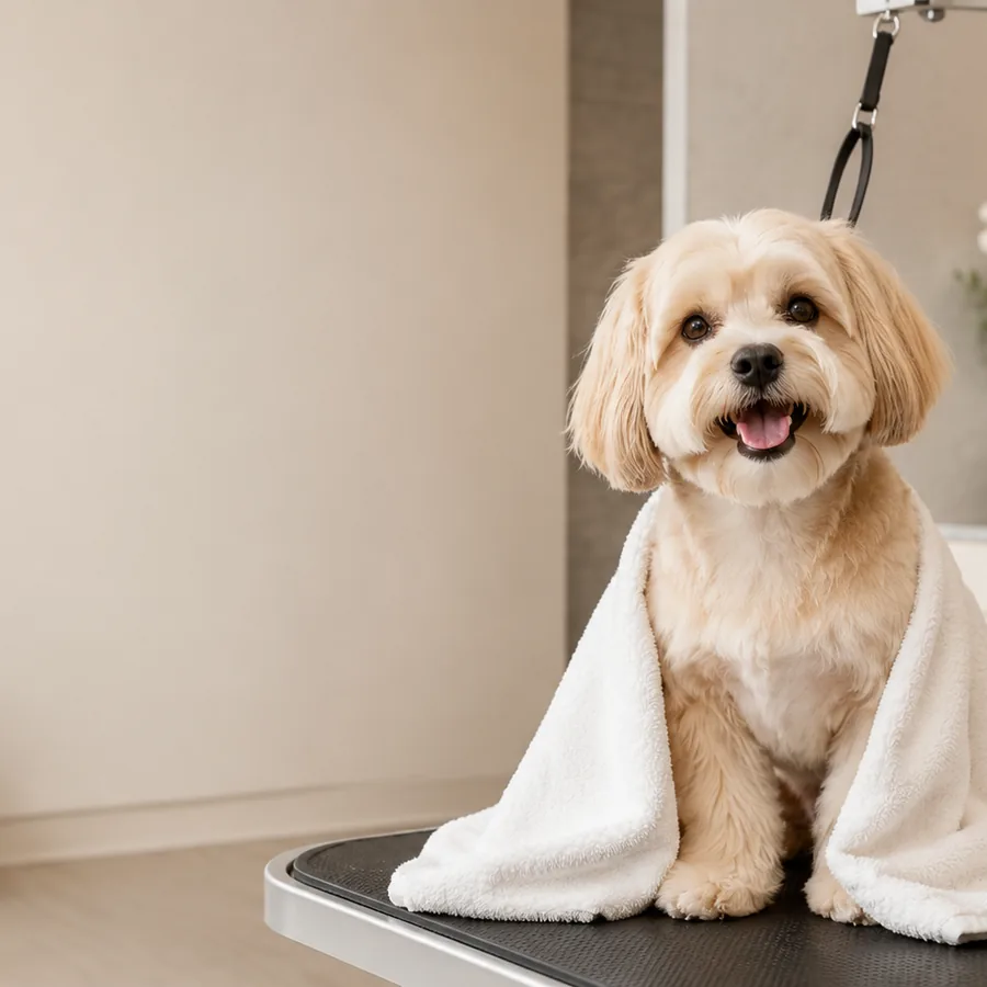 Собака после груминга с полотенцем в студии DELTA GROOMING