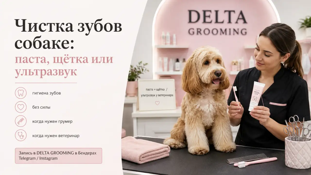 Обложка статьи чистка зубов собаке пастой щеткой или ультразвуком DELTA GROOMING Бендеры