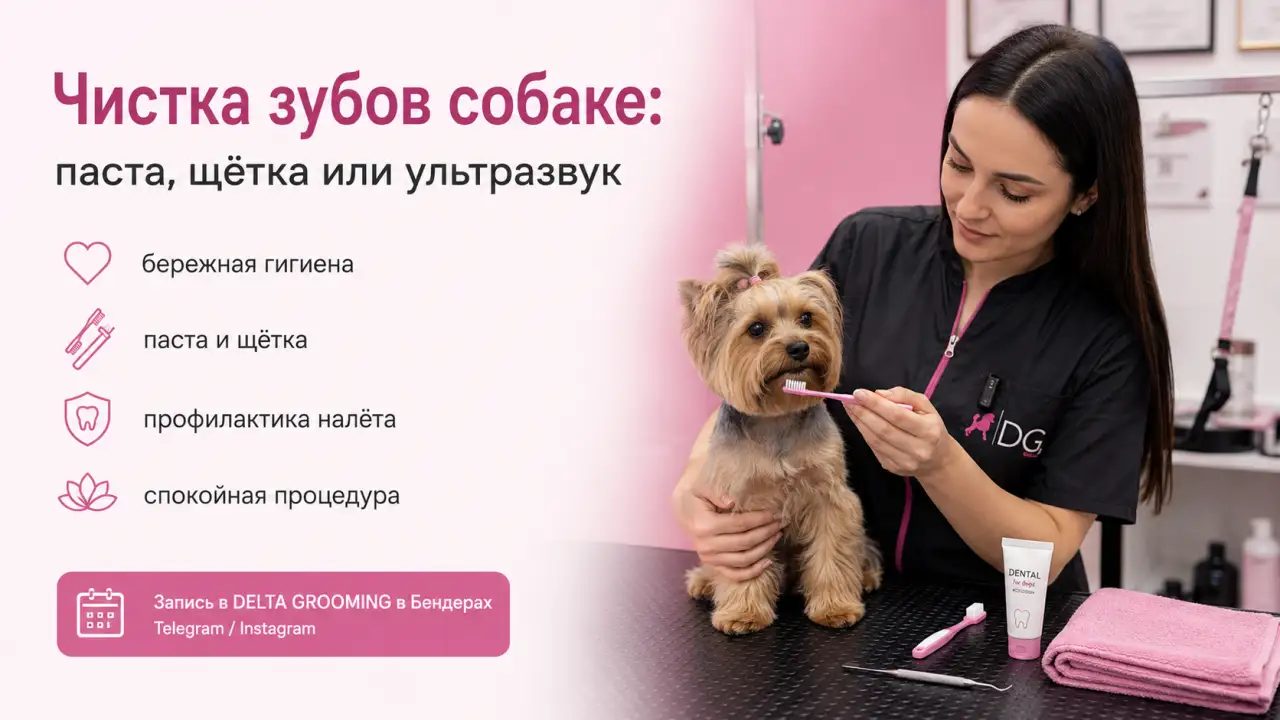 Обложка статьи чистка зубов собаке пастой щеткой или ультразвуком DELTA GROOMING Бендеры