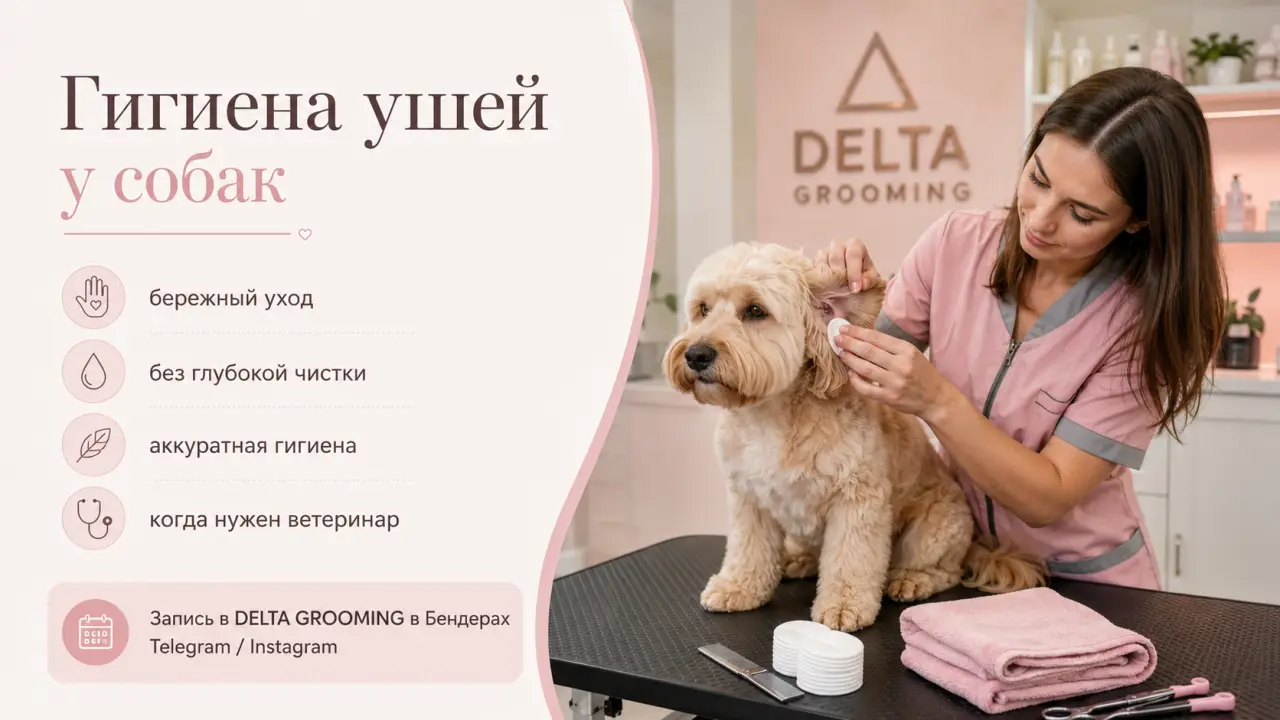 Обложка статьи про гигиену ушей у собак в DELTA GROOMING Бендеры