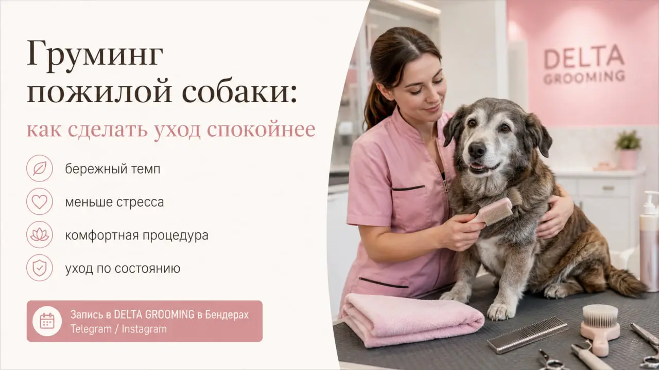 Обложка статьи про груминг пожилой собаки в DELTA GROOMING Бендеры