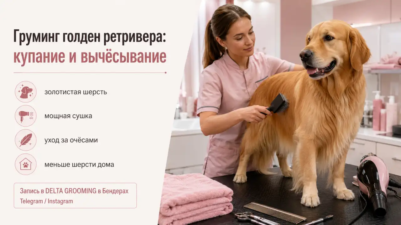 Обложка статьи груминг голден ретривера купание вычёсывание и уход DELTA GROOMING Бендеры