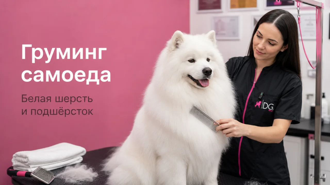 Обложка статьи груминг самоеда вычёсывание подшёрстка и уход за белой шерстью DELTA GROOMING Бендеры