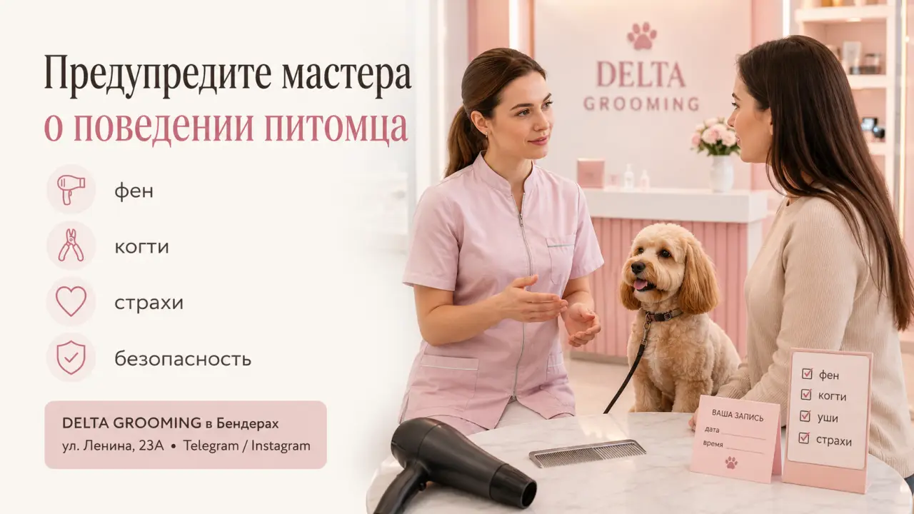 Обложка статьи почему важно предупреждать мастера о поведении питомца DELTA GROOMING Бендеры